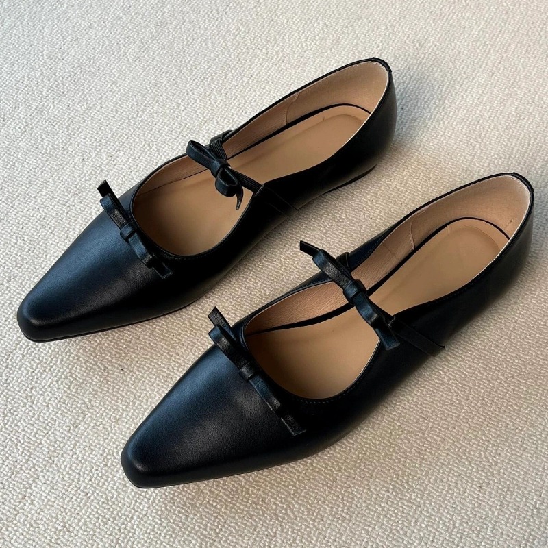 Women'S Shoes Loafers Black - Mocasines Planos con Decoración de Lazo