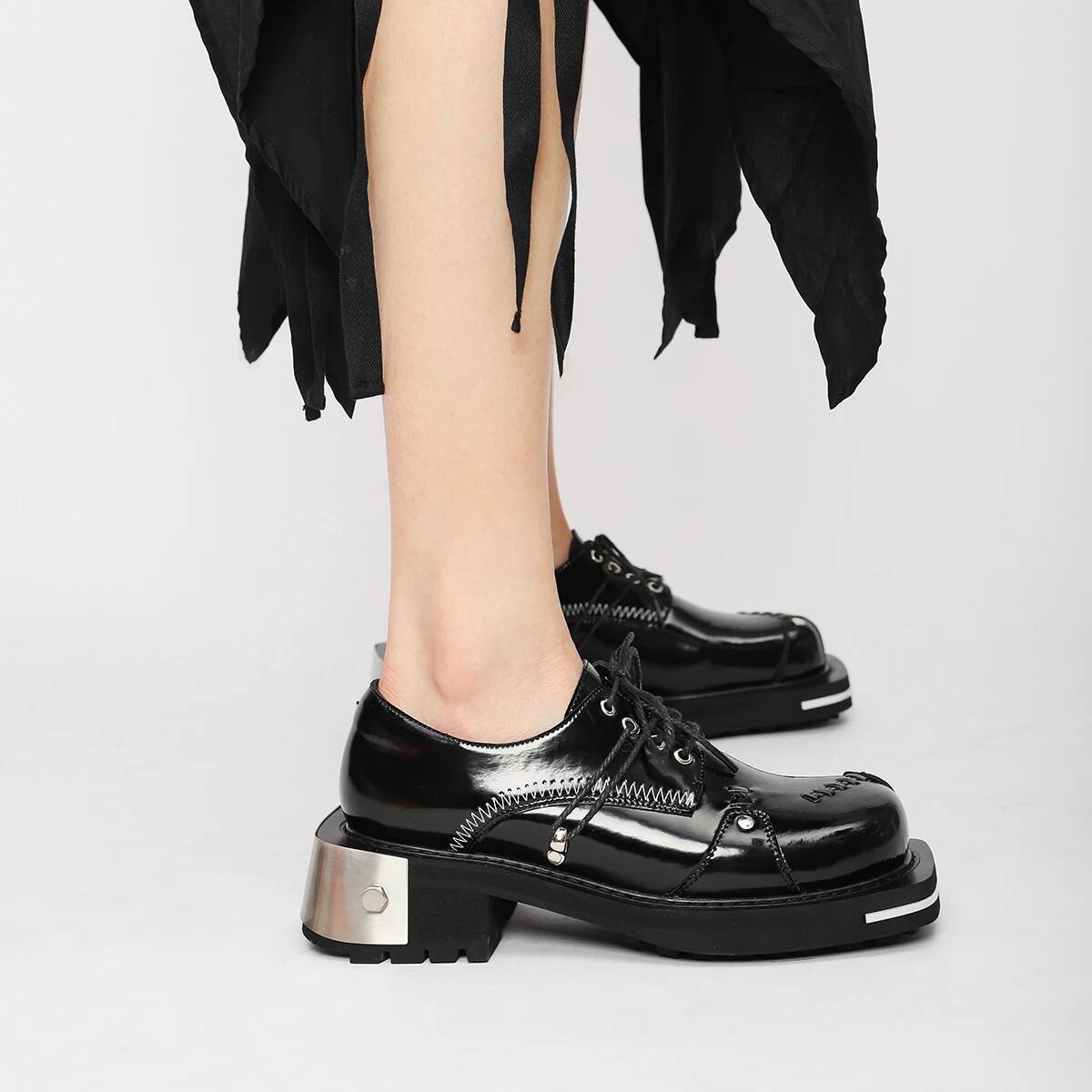Women'S Shoes Loafers Black - Zapatillas Retro de Metal y Cuero