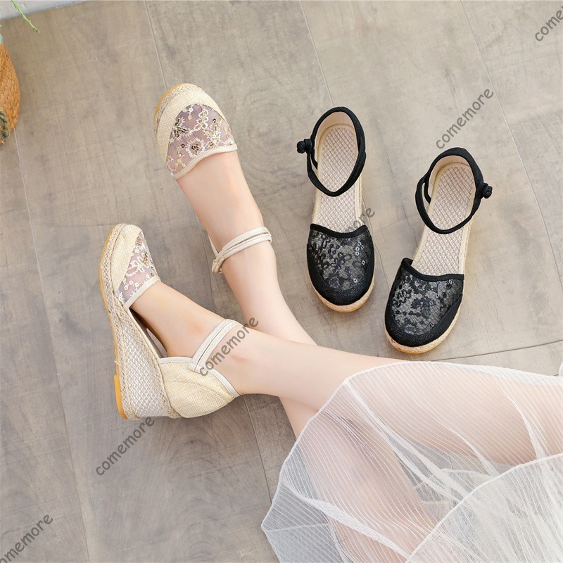 Espadrille Wedge Shoes - Sandalias de cuña de esparto con